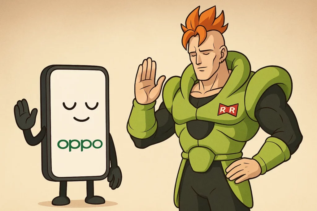 A lighthearted, cartoon-style illustration showing a character from the anime Dragon Ball Z, Android 16, standing next to a stylized smartphone character representing the Oppo brand. The smartphone is white with the green "oppo" logo, a smiling face with closed eyes, and black arms and legs. It is waving with one hand. Android 16, with his distinctive green armor, red hair, and "RR" (Red Ribbon Army) logo on his chest, has his eyes closed and is holding up one hand in a gesture that mirrors the phone's wave.