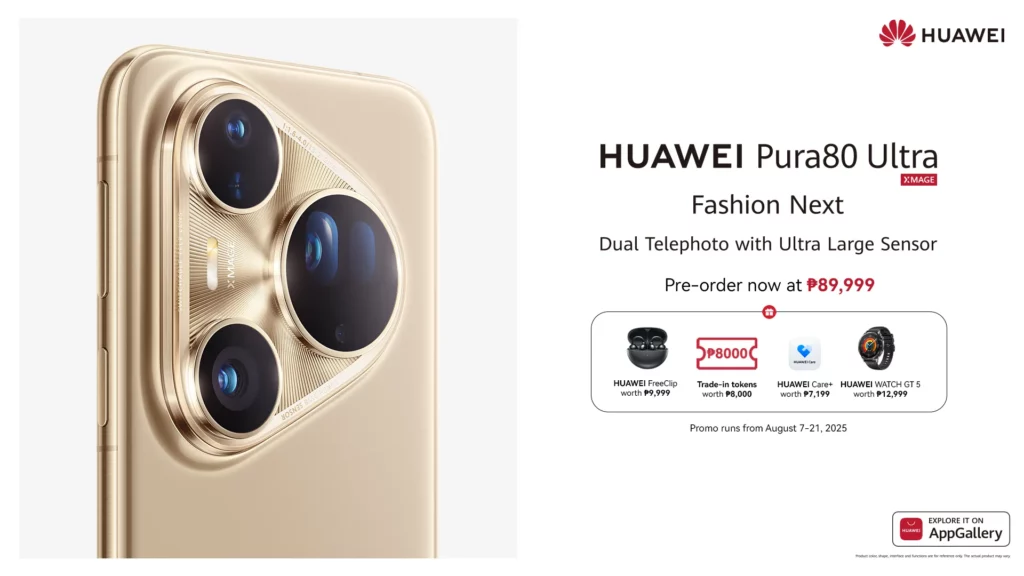 A promotional image for the HUAWEI Pura 80 Ultra. The left side features a detailed close-up of the phone's circular, golden camera module with three lenses and the XMAGE logo. The right side lists the phone's name, its "Dual Telephoto with Ultra Large Sensor" feature, and a pre-order price of "₱89,999." It also details a pre-order bundle with free accessories and services.