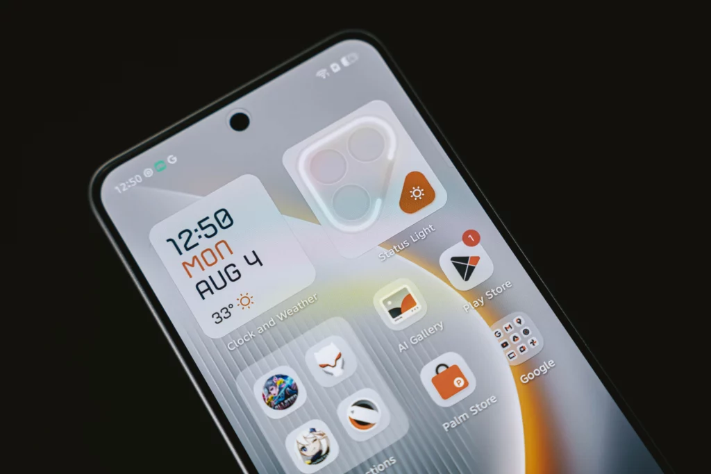 A close-up, angled view of the TECNO POVA smartphone's screen, displaying the home screen with the time "12:50 MON AUG 4," a weather widget, and various app icons. A punch-hole camera is visible at the top center of the screen.