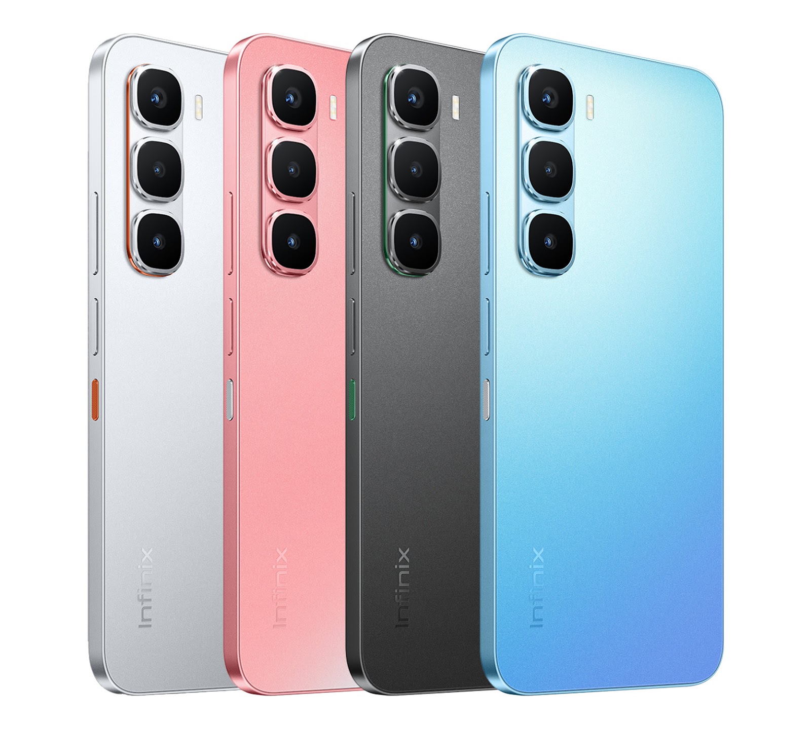A product lineup showcasing four color variants of the Infinix HOT 60 Pro smartphone: white, pink, gray, and light blue.