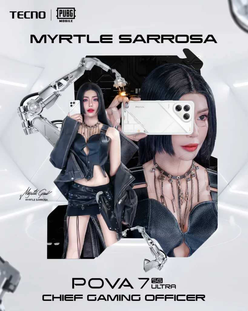 A promotional image for the TECNO POVA 7 5G featuring actress, gaming queen, and cosplay star Myrtle Sarrosa as the 'Chief Gaming Officer.' The image is a composite of multiple photos of Myrtle in a futuristic, black cosplay outfit. She holds the TECNO POVA 7 Ultra 5G in both white and black, with a large robot-like arm in the background.