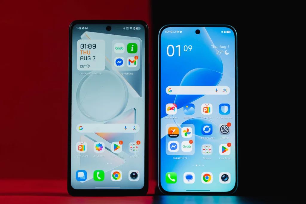Two smartphones are shown side-by-side, displaying their home screens. The phone on the left has a light, minimalist interface with a widget showing the time, date, and weather. The phone on the right has a more vibrant, blue-themed wallpaper and app icons, with a similar time and date display. Both screens show app icons for popular social media and utility apps.