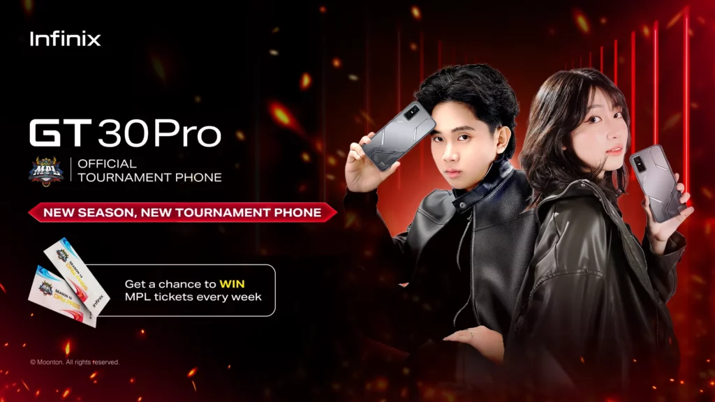A promotional image for the Infinix GT 30 Pro smartphone, featuring two models holding the device with a red, neon-lit background. The text states "GT 30 Pro Official Tournament Phone" and "New Season, New Tournament Phone," and offers a chance to win MPL tickets.