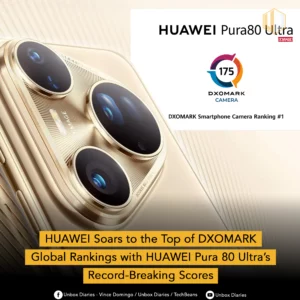 An advertisement for the HUAWEI Pura 80 Ultra smartphone. The image shows a close-up of the phone's gold-colored camera module with its unique triangular design. A graphic on the right displays 'DXOMARK Camera' with a score of 175 and a ranking of #1. The text at the bottom reads 'HUAWEI Soars to the Top of DXOMARK Global Rankings with HUAWEI Pura 80 Ultra's Record-Breaking Scores'.