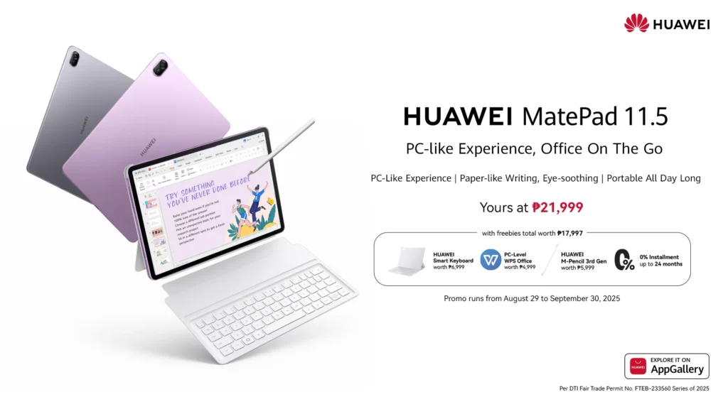 A promotional image showing two Huawei MatePad 11.5 tablets in gray and violet, with one attached to a white Smart Keyboard and M-Pencil. The screen displays a colorful illustration.
