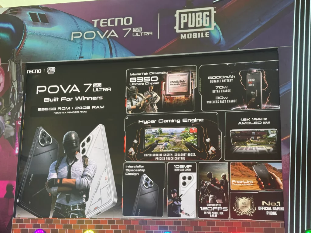 A large promotional poster for the TECNO POVA 7 Ultra 5G. The poster highlights key features like the MediaTek Dimensity 8350 chipset, a 6000mAh battery with 70W ultra charge, and a 1.5K 144Hz AMOLED screen. The design includes images of the phone in black and white, a PUBG Mobile character, and screenshots of gameplay. The poster also states the phone is 'No.1 OFFICIAL GAMING PHONE'.