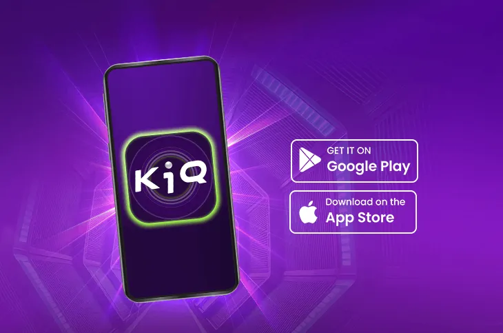 A purple background features a smartphone with a stylized KiQ logo on its screen. To the right of the phone are two buttons with the logos for Google Play and the Apple App Store, with the text "GET IT ON Google Play" and "Download on the App Store" respectively. The image promotes the launch of the KiQ mobile app.