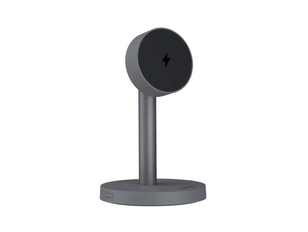 A 3D rendering of a gray AUKEY MagFusion 1X magnetic wireless charging stand on a white background. The stand has a circular charging pad on a vertical stem.