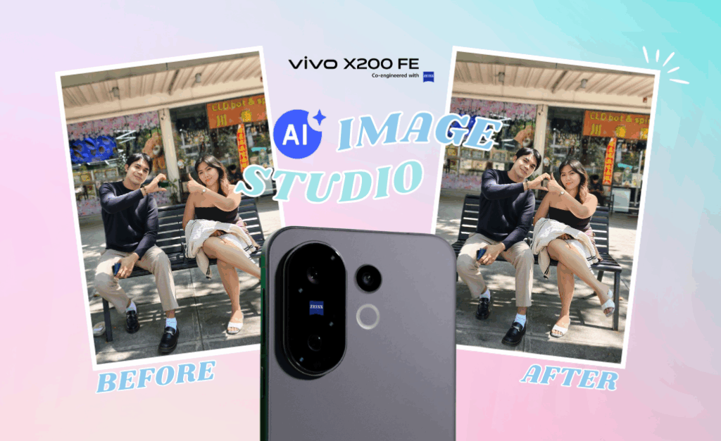 A promotional image for the vivo X200 FE smartphone featuring its "AI Image Studio" co-engineered with ZEISS. The image shows a "before" and "after" comparison of a photo of a man and a woman sitting on a bench. The "after" image has improved clarity and color. The camera module of the vivo X200 FE is also shown prominently in the center.