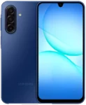 A front and back view of a blue Samsung Galaxy A17 5G smartphone. The front display shows a blue visual, and the back features a triple-camera setup with a flash. The "SAMSUNG" logo is visible at the bottom of the phone's back.