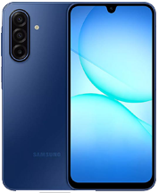 A front and back view of a blue Samsung Galaxy A17 5G smartphone. The front display shows a blue visual, and the back features a triple-camera setup with a flash. The "SAMSUNG" logo is visible at the bottom of the phone's back.