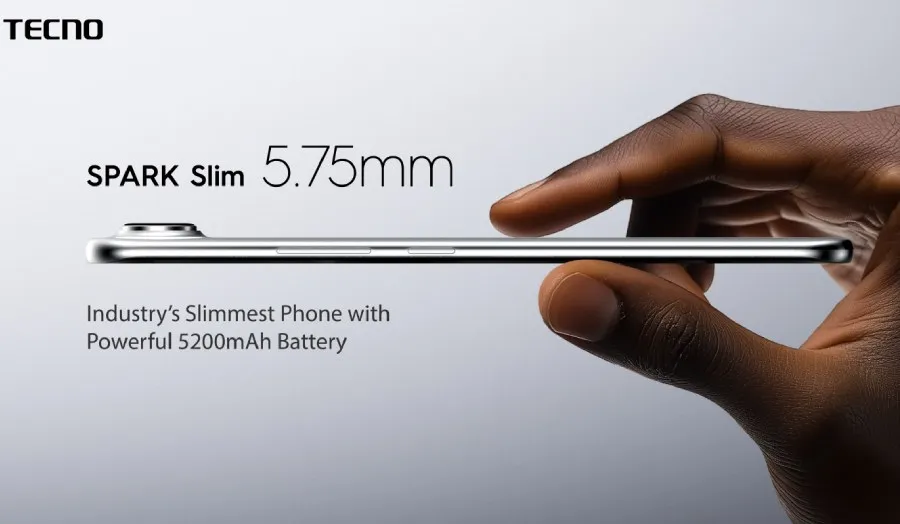 A close-up shot of a hand holding the Tecno Spark Slim smartphone. The phone's ultra-thin side profile is emphasized, showcasing its 5.75mm thickness. The text "Industry's Slimmest Phone with Powerful 5200mAh Battery" is overlaid on the image.