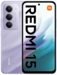 A purple Xiaomi Redmi 15 4G smartphone is shown at a slight angle, displaying both its front screen and the back panel. The back has a textured, shimmering finish and features a triple-camera system arranged vertically on the top left. The front screen is on with a colorful wallpaper.