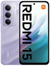 A purple Xiaomi Redmi 15 4G smartphone is shown at a slight angle, displaying both its front screen and the back panel. The back has a textured, shimmering finish and features a triple-camera system arranged vertically on the top left. The front screen is on with a colorful wallpaper.