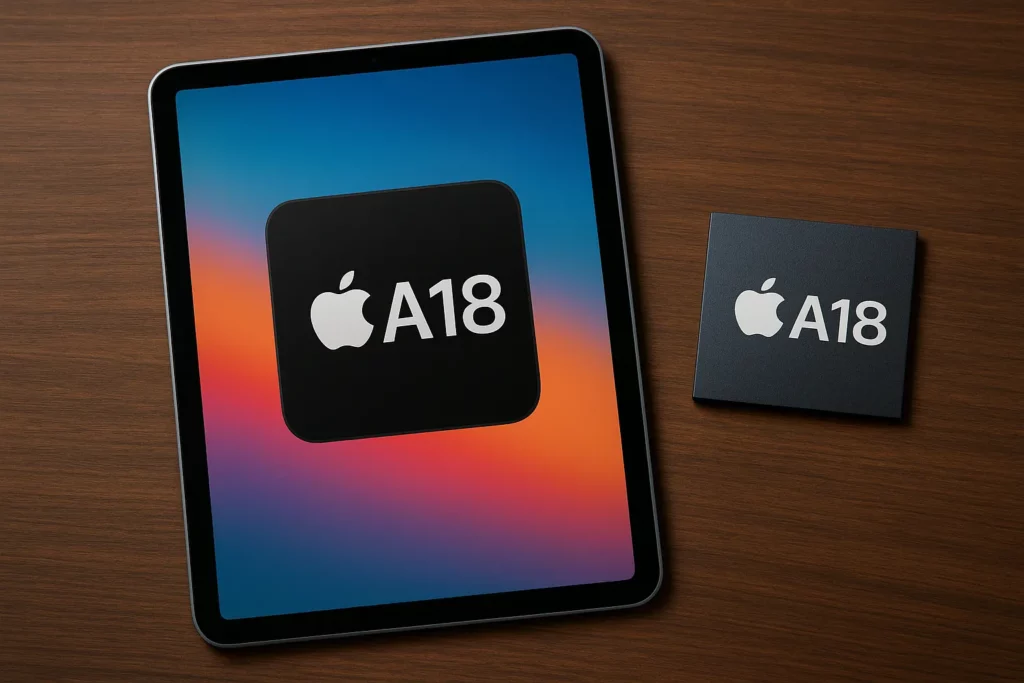 A conceptual image showing an iPad on a wooden desk. Its screen displays a colorful background with a large black square in the center that has a white Apple logo and the text "A18". Next to the iPad is a physical square chip with the same Apple logo and "A18" text.