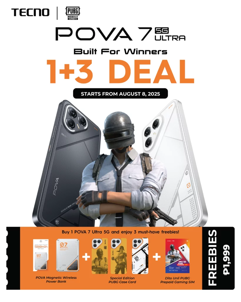 An advertisement for a '1+3 DEAL' on the TECNO POVA 7 Ultra 5G. The image features a PUBG Mobile character standing between the black and white versions of the phone. Below, a banner shows a coupon-like graphic detailing the three freebies included with the purchase: a POVA Magnetic Wireless Power Bank, a Special Edition PUBG case card, and a DITO Unlimited PUBG Prepaid Gaming SIM. The total freebies are valued at PhP1,999.