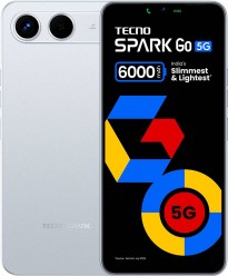 The Tecno Spark Go 5G smartphone in 'Sky Blue,' displaying both the front and back of the device and featuring graphics promoting its 6000mAh battery and 'India's Slimmest & Lightest' claim.