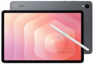A pair of leaked product renders for the Samsung Galaxy Tab S11. The image is divided into two parts, showing the tablet in two different colors. On the left, a dark grey tablet is shown from both the front and back. The front view displays a screen with a colorful, abstract, hexagonal wallpaper in pink, orange, and purple hues. A white stylus, the S Pen, is positioned diagonally over the screen. The back of the tablet is a solid dark grey with the "SAMSUNG" logo and a single camera lens in the corner. On the right, the same tablet is shown in a light grey or silver color, with the same screen wallpaper and stylus. The text at the bottom of the image reads "Samsung Galaxy Tab S11 leaked renders via, GSMArena."