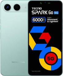 The Tecno Spark Go 5G smartphone in 'Turquoise Green,' showing both the front and back of the device, highlighting its 6000mAh battery and 'India's Slimmest & Lightest' claim.
