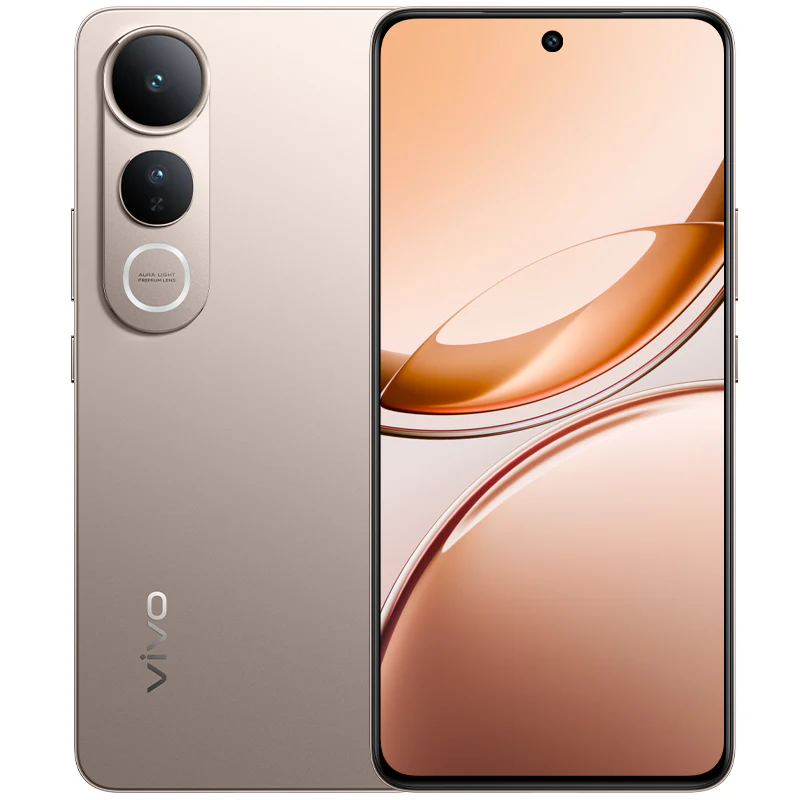 A beige or rose gold colored Vivo V50 Lite smartphone shown from the front and back. The front displays a gradient wallpaper with warm tones, and has a punch-hole camera at the top center. The back features a vertical camera module with three lenses, two large and one small, and a flash. The "vivo" logo is oriented vertically towards the bottom left of the back.