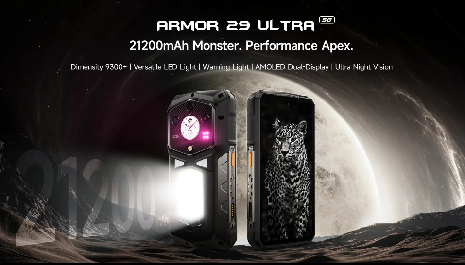 A promotional banner for the ARMOR 29 ULTRA 5G rugged smartphone. The image shows two phones against a cosmic background, with one phone's powerful LED light shining brightly. A banner at the top lists its features, including a "21200mAh Monster" battery, a "Dimensity 9300+" processor, and "Ultra Night Vision."