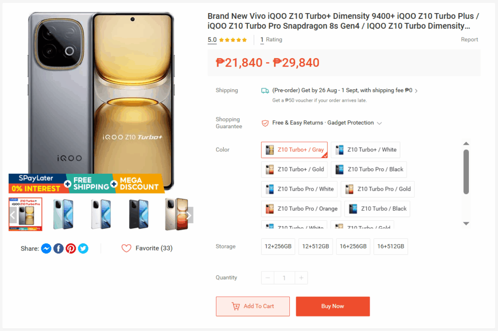 A screenshot of a product listing page for the VivoiQOO Z10 Turbo Plus smartphone. The main image shows a gray phone from the back. The page lists a price range of P21,840 to P29,840 and shows a variety of color and storage options.