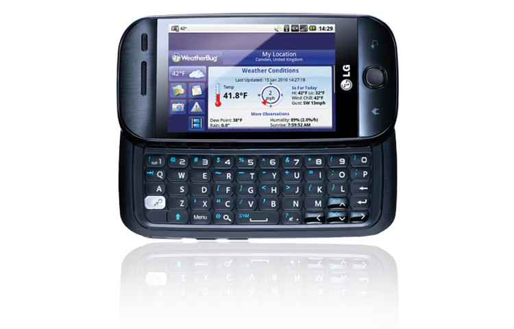 A black LG GW620 smartphone with a slide-out QWERTY keyboard and a weather app on the screen.