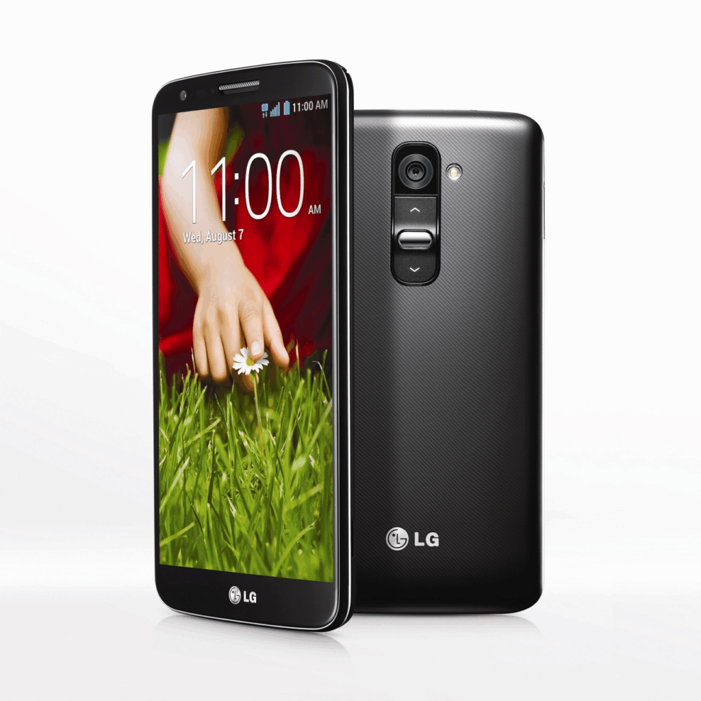 A black LG G2 smartphone shown from the front and back, with the screen displaying the time and a hand holding a flower.