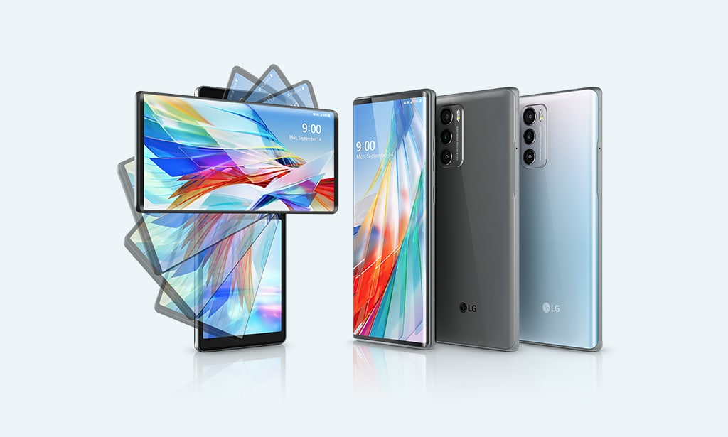 A display of LG Wing smartphones, with one in the open, swiveled position showing two screens, and two others in the closed, vertical position.