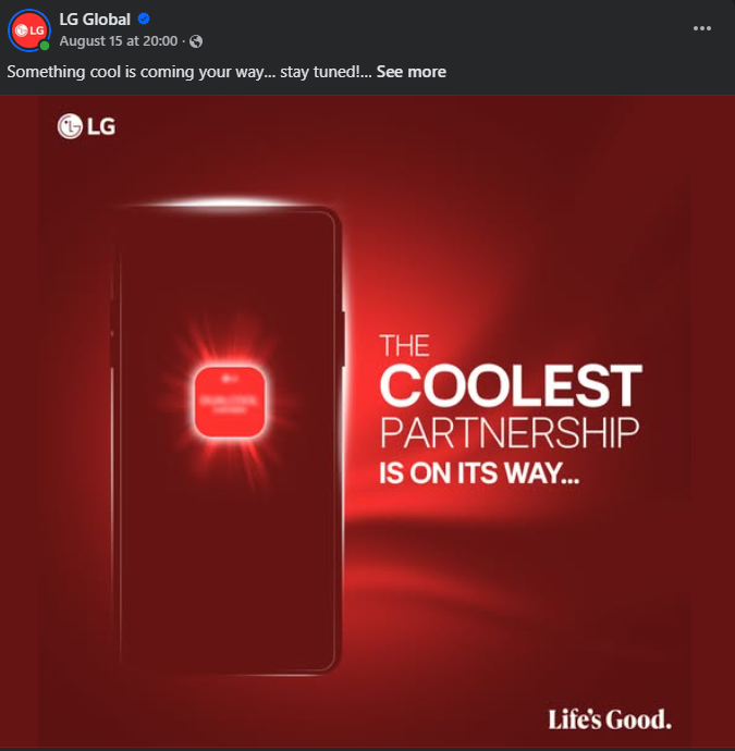A red promotional image for an LG partnership, with a smartphone silhouette and the text "THE COOLEST PARTNERSHIP IS ON ITS WAY..."