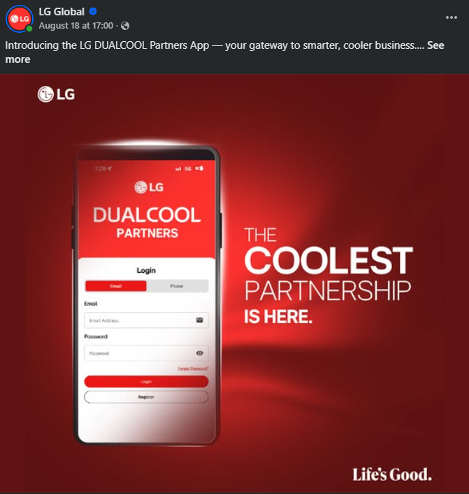 A red promotional image for the LG DUALCOOL Partners app, with a smartphone screen showing the app's login page and the text "THE COOLEST PARTNERSHIP IS HERE."