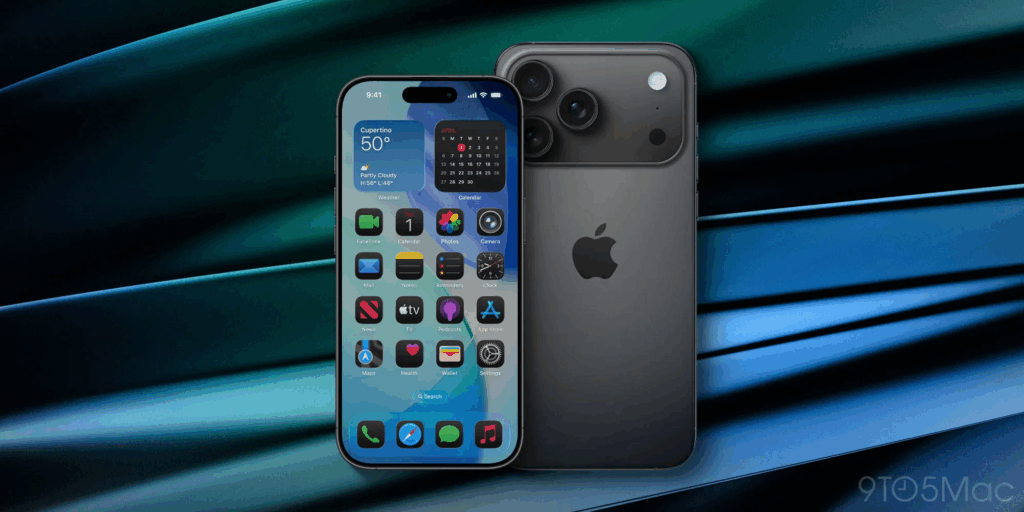 Render of an iPhone with its home screen displayed, placed next to its back view, showing the dual-camera setup.