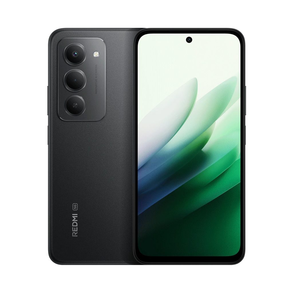 A product photo of a dark-colored Redmi 15 smartphone. The image shows the phone from the back on the left, highlighting its vertical camera module with three lenses. The front of the phone is shown on the right, displaying a colorful green and white abstract wallpaper and a punch-hole camera.