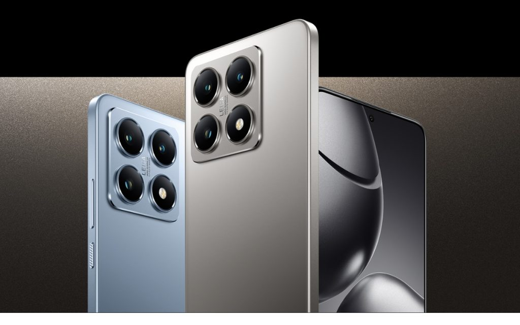 A promotional photo showcasing two Xiaomi 15T from a rear, angled view. The phone on the left is light blue, while the one on the right is metallic gray. Both phones feature a large, vertical camera module with four lenses and the "LEICA" logo. The phone on the right also partially reveals its front screen.