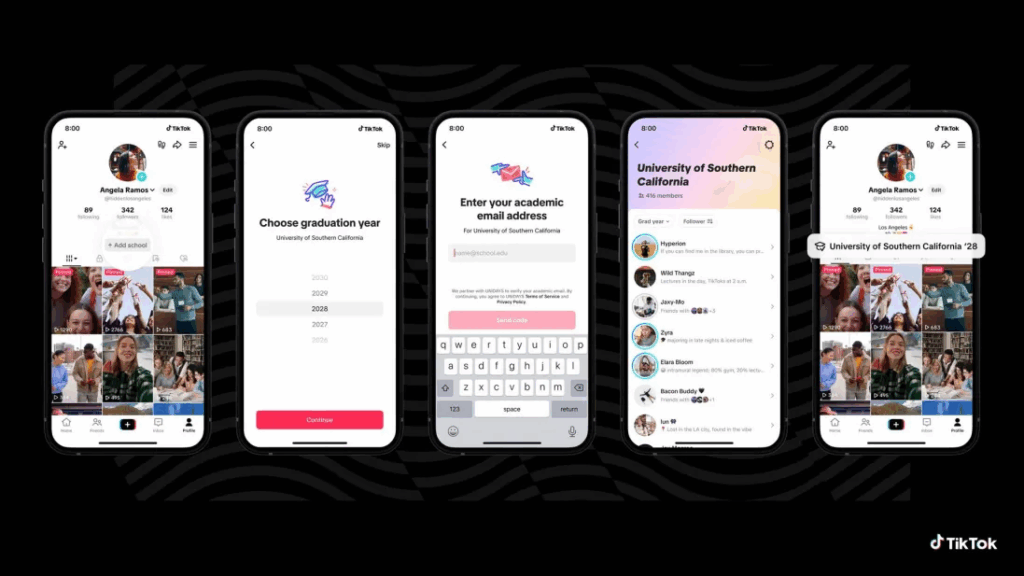 A sequence of five mobile phone screens, depicting a user onboarding process on the TikTok app. The screens are shown on a dark, patterned background.
From left to right:
Screen 1: A user's profile page, showing "Angela Ramos" with a profile picture, follower count, and posts. There's a button to "Add school." The background of the profile is a video of people celebrating, possibly at a graduation or school event.
Screen 2: A screen titled "Choose graduation year" with "University of Southern California" as the school. A vertical scrollable list shows years from 2028 to 2029, with 2029 highlighted. A red "Confirm" button is at the bottom.
Screen 3: A screen titled "Enter your academic email address" for "University of Southern California." An input field shows "student@usc.edu" with a keyboard below it. A red "Confirm & join" button is present.
Screen 4: A screen showing a "University of Southern California" community page. It displays a list of people with their names, profile pictures, and short descriptions like "21st Hardware" or "Going to the lights & leather."
Screen 5: The user's profile page again, but this time with a new banner at the top that reads "University of Southern California '28," indicating that the user has successfully joined the school community. The profile and background video are the same as the first screen.
The bottom right corner of the overall image has the TikTok logo.