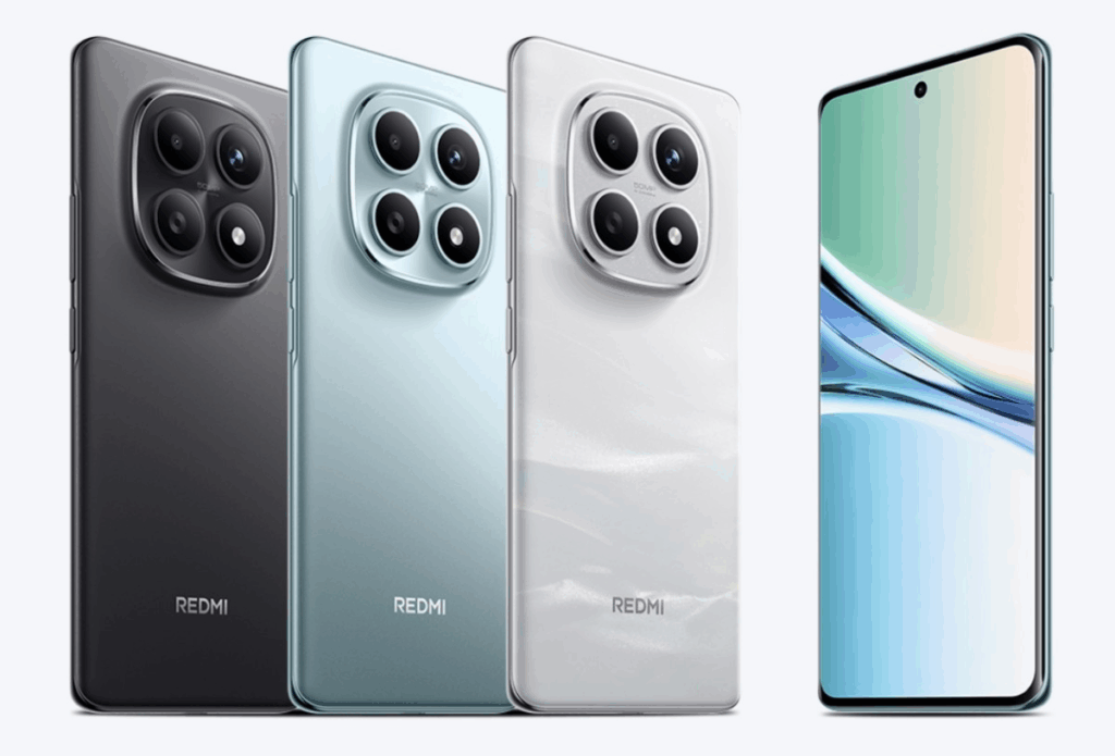 A clean product shot of four REDMI Note 15 from the Redmi brand. Three phones are shown from the back, lined up in a row on a plain grey background, highlighting their different colors: a dark grey/black, a light blue, and a white one with a subtle marbled pattern. All three phones have a distinctive circular camera module with a silver ring, containing four separate lenses. The "REDMI" logo is visible at the bottom of the back panel. The fourth phone, positioned to the right of the group, is shown from the front at a slight angle, displaying its full screen with a dynamic, abstract light blue and white wallpaper and a punch-hole camera in the top center. The screen has very thin bezels.