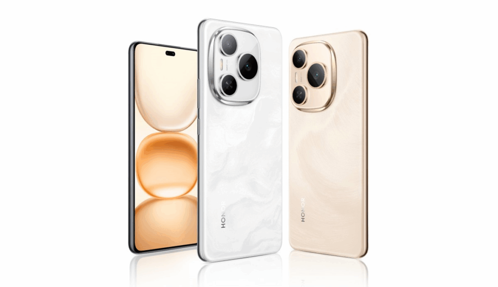 A professional product photograph of three HONOR Power 2 smartphones on a clean, white background. The phone on the far left is shown from the front, displaying its full screen with a smooth, abstract wallpaper in a gradient of light orange and white, and a single centered punch-hole camera. The other two phones are shown from the back at a slight angle. The middle phone is white with a subtle, textured pattern, and a large, multi-lens camera module with a shiny silver bezel. The phone on the right is a light, champagne gold color, also with a subtle texture and a matching gold camera bezel. The "HONOR" logo is visible vertically on the lower back of both phones.