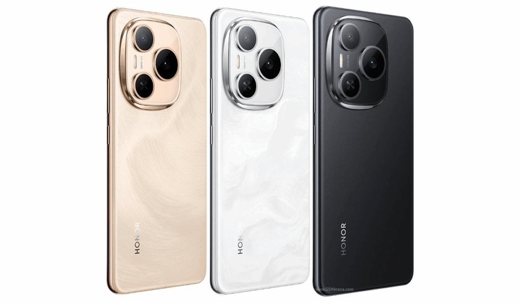 A studio product photograph featuring three HONOR 2 smartphones, all shown from the back, on a plain white background. The phones are lined up side-by-side at a slight angle. From left to right, the colors are:

Light champagne gold: The phone has a smooth, wavy-textured back and a prominent, large circular camera module with a gold bezel.

White: This phone has a subtle, marbled or streaked pattern on the back, with a large camera module and a silver bezel.

Black/dark grey: The phone has a smooth, solid color finish and a large camera module with a dark grey/black bezel.

All three phones feature the same camera layout: a large, circular module containing multiple lenses. The "HONOR" logo is visible vertically on the lower part of the back of each phone.