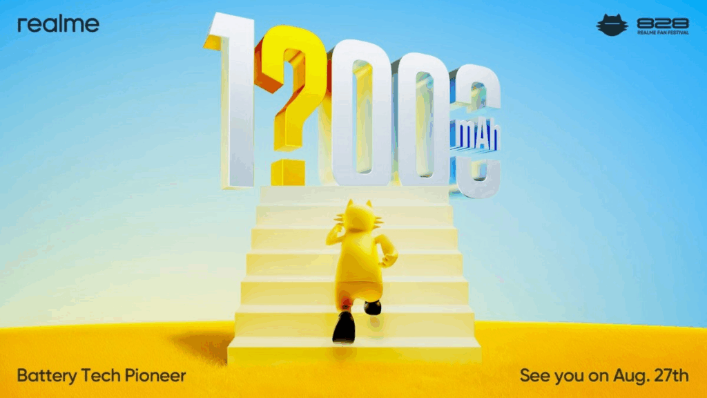 A vibrant, stylized promotional image for a realme event. The image depicts a bright, minimalist landscape with a pale blue sky and a sandy-colored ground. A staircase with a yellow cat-like character is climbing the steps. At the top of the staircase are large, three-dimensional white and yellow numbers that read "1?000 mAh," with a large question mark replacing the "1." In the top left corner, the "realme" logo is visible, and in the top right, a smaller "828 realme fan festival" logo. A yellow banner at the bottom left reads "Battery Tech Pioneer" and text at the bottom right says "See you on Aug. 27th."