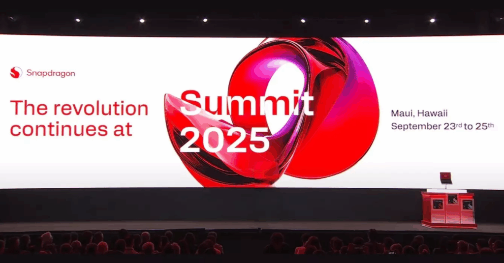 A stage at the Snapdragon Summit 2025 in Maui, Hawaii. A large screen behind the stage displays the event's title, "The revolution continues at Summit 2025," and the dates, "September 23rd to 25th."