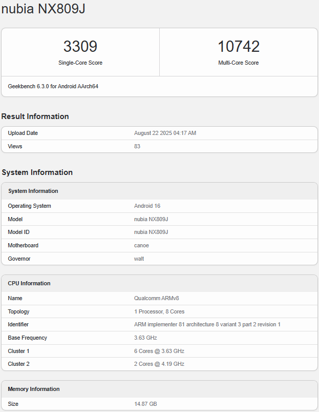 A screenshot of a Geekbench 6.3.0 benchmark result for the Nubia NX809J. The image shows the phone's single-core score of 3309 and a multi-core score of 10742. The system information, including the Android 16 operating system and the Qualcomm ARMv8 CPU, is also visible.
