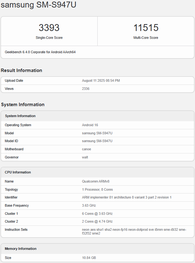 A screenshot of a Geekbench 6.4.0 benchmark result for the Samsung SM-S947U. The image shows the phone's single-core score of 3393 and a multi-core score of 11515. The system information, including the Android 16 operating system and the Qualcomm ARMv8 CPU, is also visible.