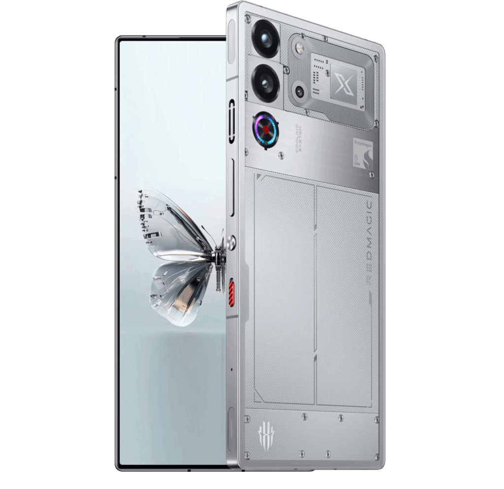 A close-up render of the back of a Redmagic 10 Pro smartphone. The phone has a transparent design, revealing the internal components and the cooling system. There are two camera lenses and an RGB cooling fan visible near the top.