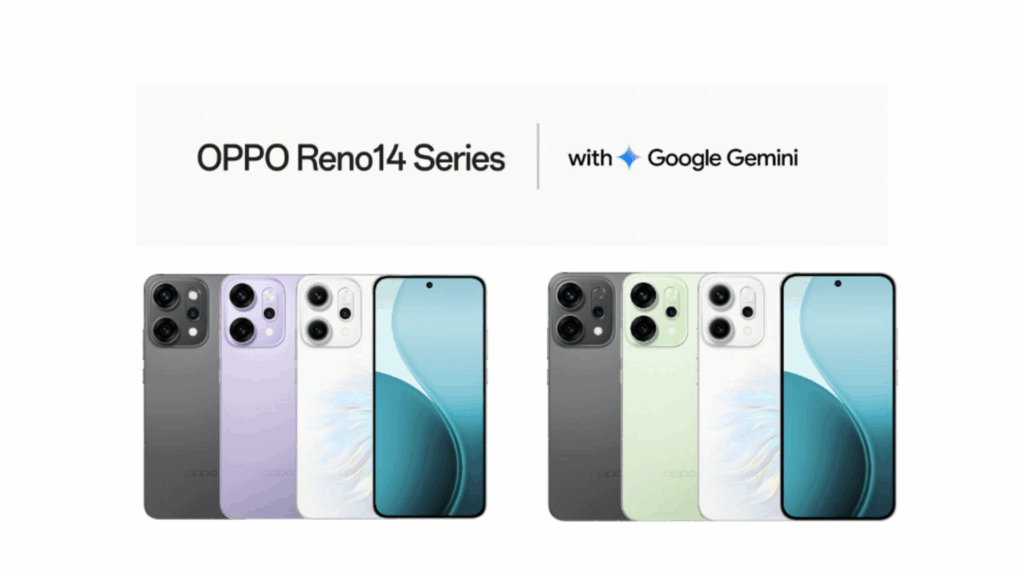 An official promotional image of the OPPO Reno14 Series, showing the phones in multiple colors and the text "with Google Gemini" used as reference for the Reno15 Series.