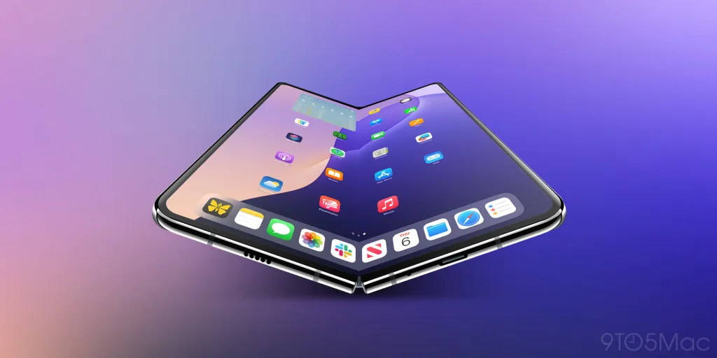 A conceptual render of a foldable Apple device, possibly an iPhone or iPad, shown with its screen partially folded in a "V" shape. The device is on a gradient background that shifts from a light pinkish-purple on the left to a dark blue on the right. The screen displays the iOS/iPadOS home screen with app icons arranged on both halves of the foldable display. The bottom bezel of the device is visible, showing speaker grills and a charging port. The logo for "9TO5Mac" is in the bottom right corner, indicating the source of the render.