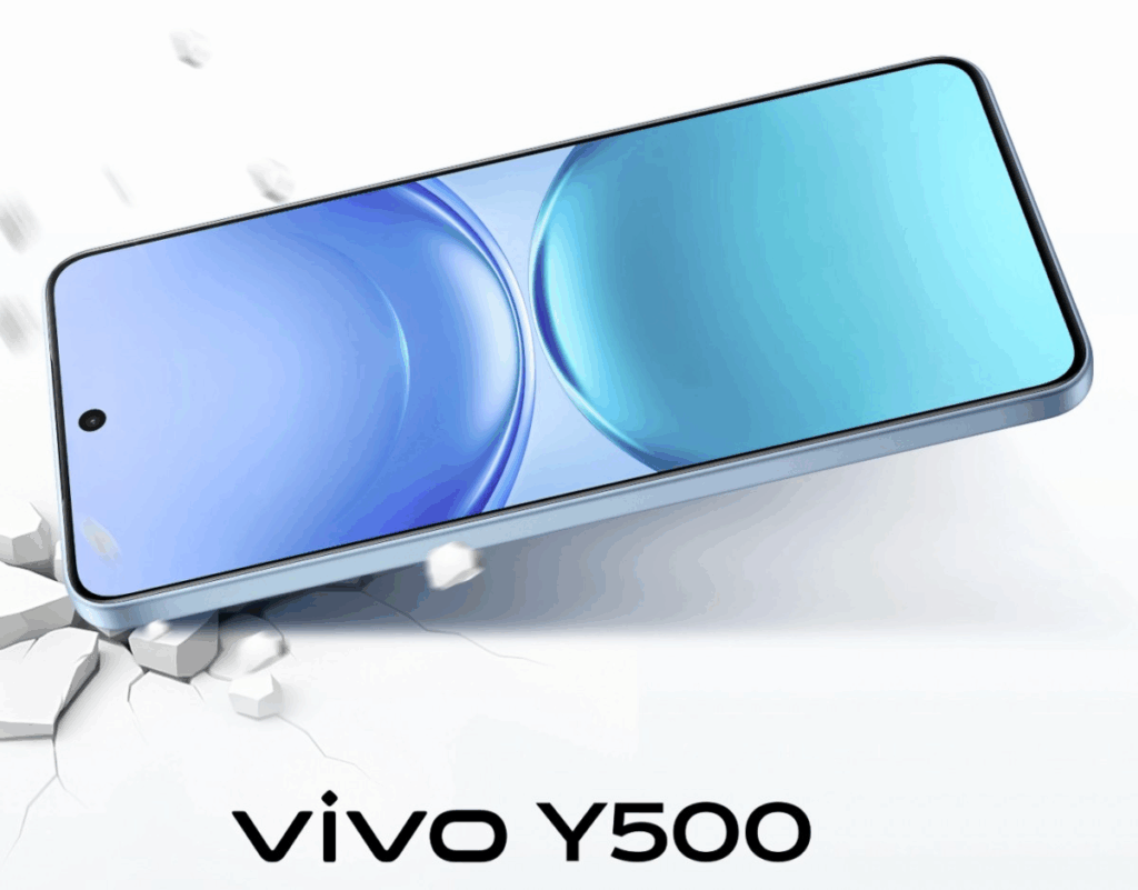 A dynamic product image showing a blue smartphone, the vivo Y500, falling and impacting a white surface, which shatters around it in a visual representation of durability. The phone is angled to show its front screen, which displays a light blue and green abstract wallpaper. A single punch-hole camera is visible in the top left corner of the screen. The text "vivo Y500" is located at the bottom of the image in black font.