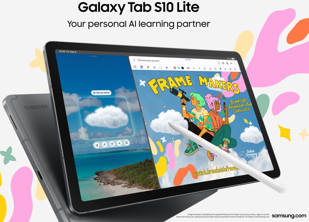A colorful and dynamic advertisement for the Samsung Galaxy Tab S10 Lite. The image features two tablets. The one in the foreground is black, displayed at an angle, with a white stylus (S Pen) floating just above its screen. The screen is split into two sections: the left side shows a tropical beach scene with an AI pop-up for editing a cloud, while the right side displays a vibrant, hand-drawn comic or graphic design project titled "FRAME MAKERS." The second tablet, in a dark grey color, is positioned behind the first one, showing its back with the "SAMSUNG" logo. The background is a light, off-white color with abstract, colorful shapes scattered around. The top of the ad has the text "Galaxy Tab S10 Lite" and the tagline "Your personal AI learning partner." The bottom of the ad includes the "samsung.com" logo and a disclaimer. Below the image, the text reads "Galaxy Tab S10 Lite via, Samsung."