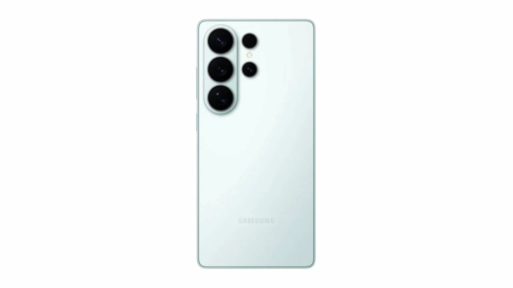 A leaked product render of the back of a light-colored, possibly white or pale green, Samsung Galaxy S26 Ultra smartphone. The phone is positioned vertically on a plain white background. The back panel has a matte finish with a faint "SAMSUNG" logo at the bottom. The camera system is a vertical arrangement of four separate, large circular lenses, with a fifth smaller sensor or flash module to the side, maintaining a "floating" or minimalist design without a raised camera bump. The text below the image reads "Leaked Galaxy S26 Ultra render via, PhoneArena."