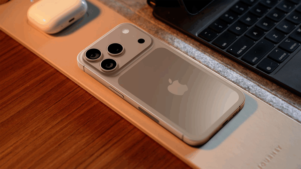 A product render of a silver or metallic iPhone, possibly the iPhone 17 Pro, resting on a light-colored desk mat on top of a wooden surface. The phone is positioned at an angle, showing its back with a prominent, circular camera module containing three lenses. The Apple logo is in the center of the phone's back. In the background, a portion of a black laptop keyboard and a white charging case, possibly for AirPods, are visible. Below the image, the text "iPhone 17 Pro via, MacRumors" is displayed.