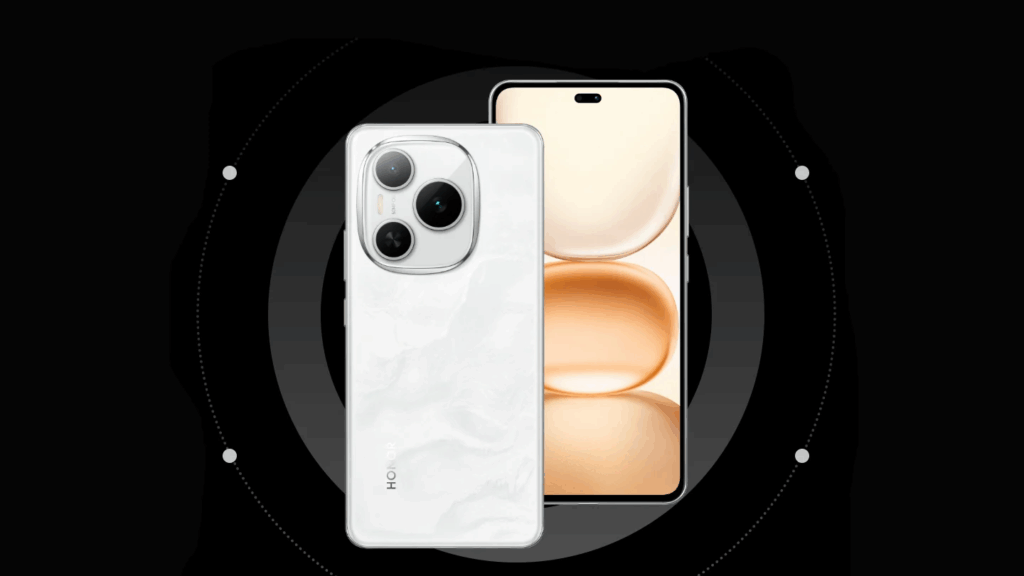 A vibrant promotional poster for the HONOR Power smartphone, highlighting its 8000mAh long-lasting battery. The phone is shown in a stylish red color with the slogan "Power via" and "Gadgets 360" text.